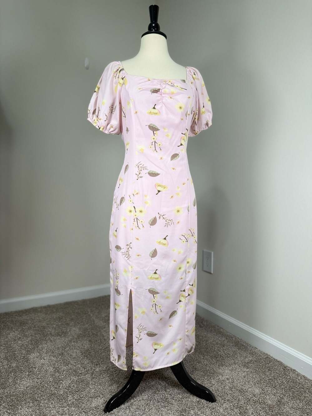Pink Floral Maxi Dress Puff Sleeve Ruched Bust Cottagecore Romantic Size M